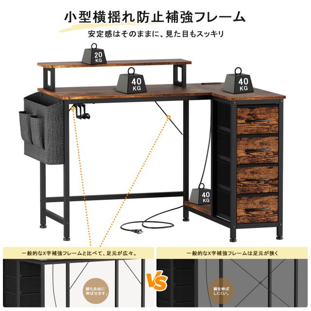 L字デスク パソコンデスク 幅110cm モニター台付き 4段引き出し収納付き サイドポケット PC本体収納 ヘッドホンフック 2口コンセント 左右設置対応 アジャスター付き ワークデスク 学習机 ゲーミングデスク_5