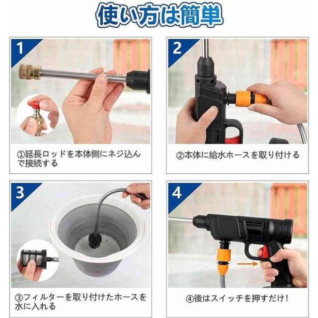 即納 高圧洗浄機 充電式 コードレス 充電式ハンディウォッシャー ２つバッテリーおまけ付き 吐出圧力2.4Mpa 吐出水量3.8L/min コンパクト 軽量 強力噴射洗車掃除