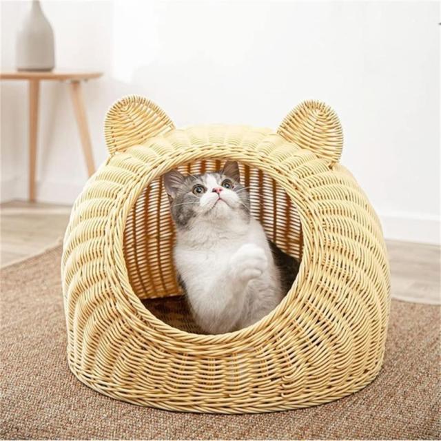 美品☆ラタンキャットハウス　犬猫兼用 ペットベッド 猫ベッド ラタン 籐 猫かごネスト 小型犬用ハウス ドーム