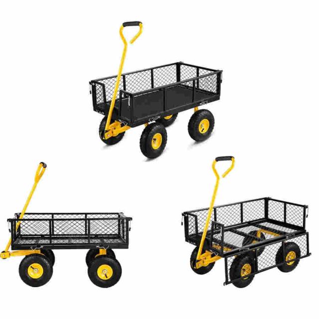 カゴ台車 ガーデンカート キャリーワゴン キャンプカー アウトドアカート 多機能手押しカート アウトドア用運搬車 収穫牽引台車 メッシュカゴ付き 二重フェンス