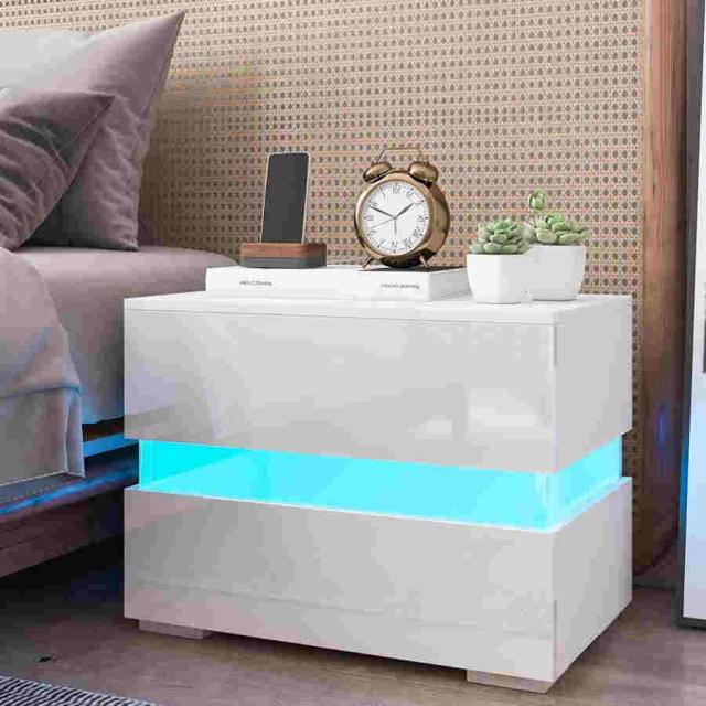 LEDナイトスタンド 収納付きテーブル，60X39 X45cmモダンなデザインのエンドテーブルトール2引き出しナイトスタンドスタンド収納棚ベッドサイドサイドテーブルベ