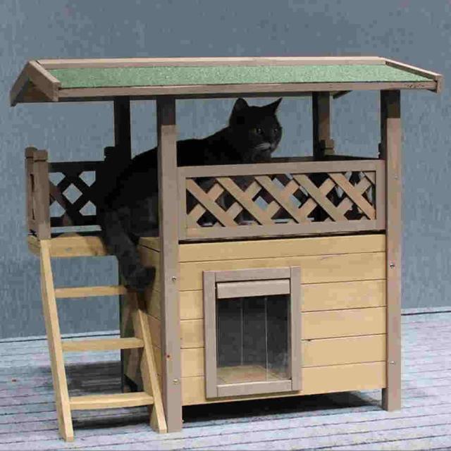 木製キャットハウス屋外防水ペットハウス2階建てキャットハウスキャットヴィラ階段付きハウスキャットハウスドアフラップ付き_1