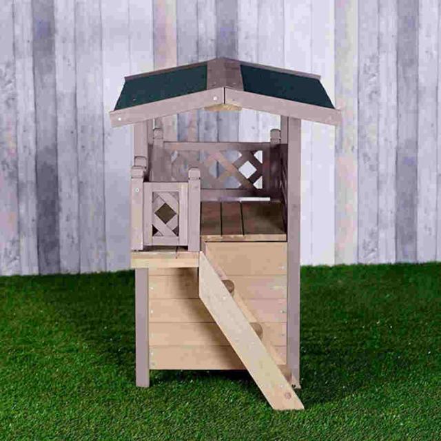 木製キャットハウス屋外防水ペットハウス2階建てキャットハウスキャットヴィラ階段付きハウスキャットハウスドアフラップ付き_2