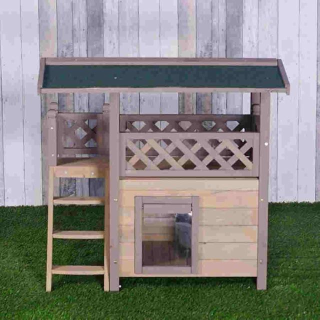 木製キャットハウス屋外防水ペットハウス2階建てキャットハウスキャットヴィラ階段付きハウスキャットハウスドアフラップ付き_3