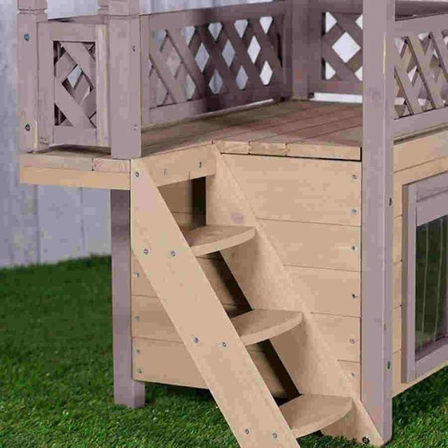 木製キャットハウス屋外防水ペットハウス2階建てキャットハウスキャットヴィラ階段付きハウスキャットハウスドアフラップ付き_4