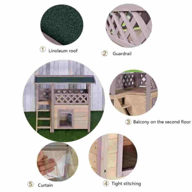 木製キャットハウス屋外防水ペットハウス2階建てキャットハウスキャットヴィラ階段付きハウスキャットハウスドアフラップ付き_5