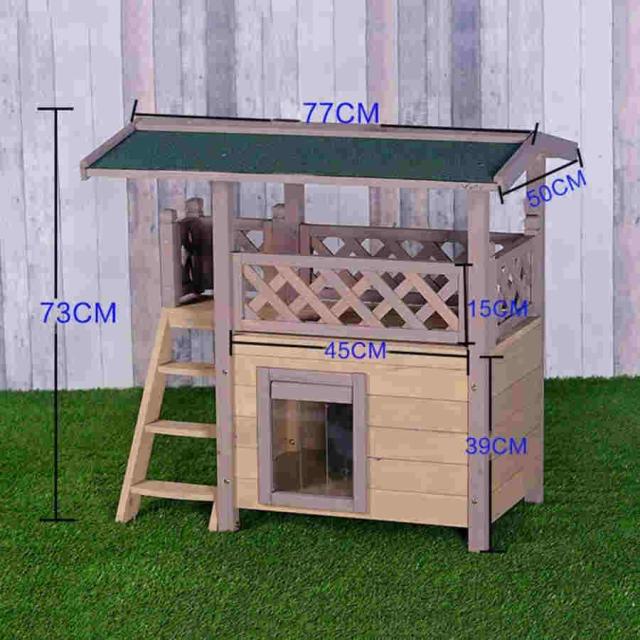 木製キャットハウス屋外防水ペットハウス2階建てキャットハウスキャットヴィラ階段付きハウスキャットハウスドアフラップ付き_6