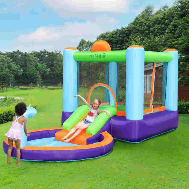 【乾湿両用/送風機付き】大型 プール エアー 遊具 エアトランポリン 滑り台付き ビニールプール 子供用 ウォータースライダー すべり台 大型遊具 四季通用 家庭