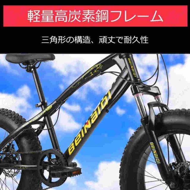 ファットバイク 20インチホイール、自転車 ファットタイヤマウンテンバイク、7スピード、ハイカーボンスチールフレーム、ダブルディスクブレーキ、フロントサス_3