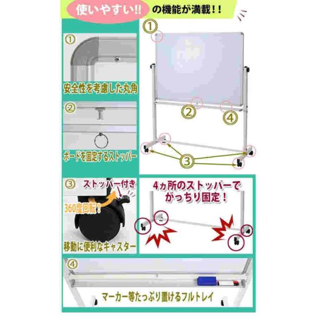 ホワイトボード W1200xH900 両面 エコノミーモデル マーカー イレーザー マグネット付 ストッパー付キャスター 回転式 がっちりフレーム 1200x900 12090wwst