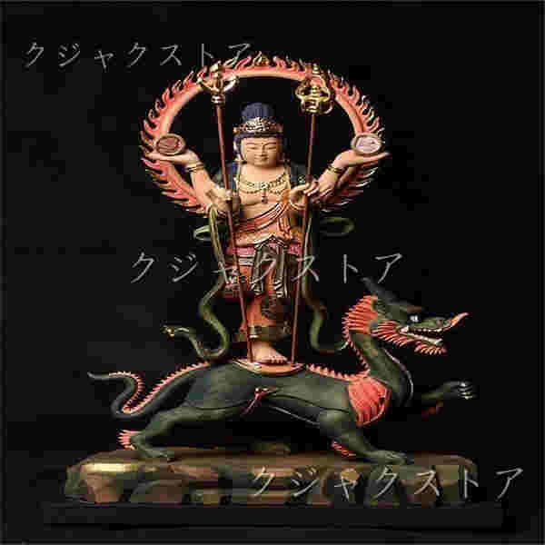 木彫珍品◆北辰妙見菩薩 仏教古美術品 檜木精彫細工 24K金箔 総高：33cm 総幅：23cm 総厚：13cm 仏像本体の高さ：19cm