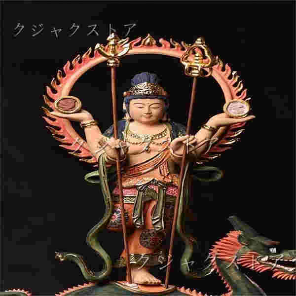 木彫珍品◆北辰妙見菩薩 仏教古美術品 檜木精彫細工 24K金箔 総高：33cm 総幅：23cm 総厚：13cm 仏像本体の高さ：19cm_4