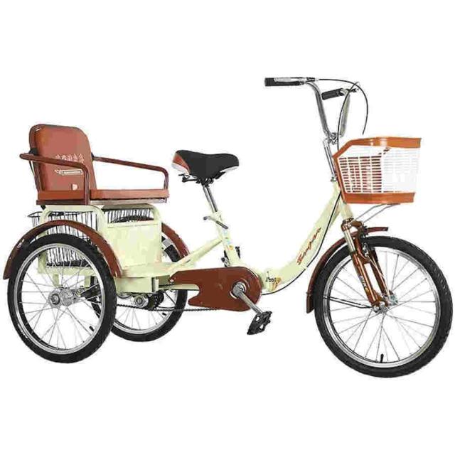 大人の三輪車 20インチ 3輪自転車 自転車クルーズトライク 高齢者向け 女性 男性 サスペンションフォーク付き 買い物カゴ そして 後部座席 (Color : Beige)