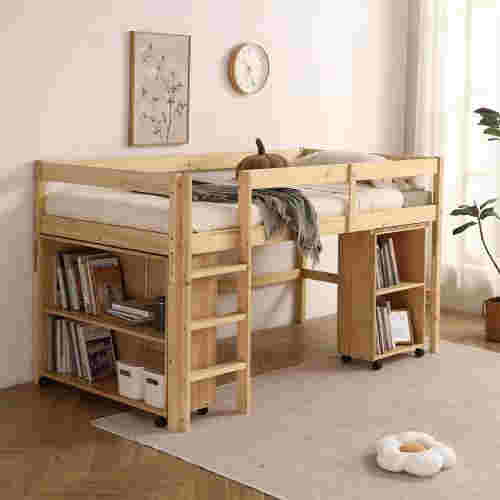 【ナチュラルxホワイト】システムベッド ロフトベッド頑丈ラック付き本棚付き木製 ナチュラルxホワイト システムベッド ロフトベッド 頑丈 ロータイプ