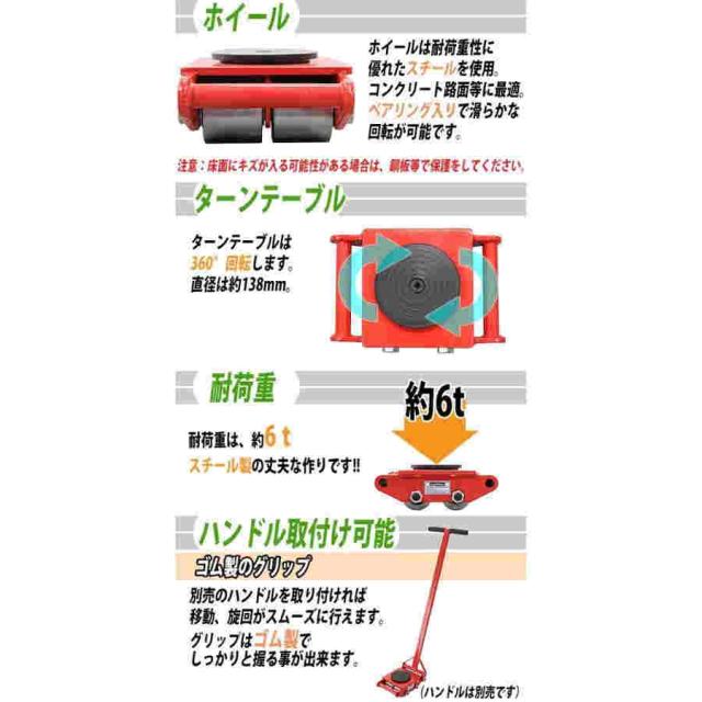マシンローラー耐荷重約6tスチール製ホイール4台4台セット360°ターンテーブル回転台運搬ローラー運搬マシンローラー重量物低床レッドroller6ts4_3