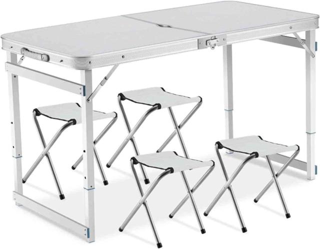 折りたたみ式ポータブルキャンプテーブルセット、椅子4脚、高さ調節