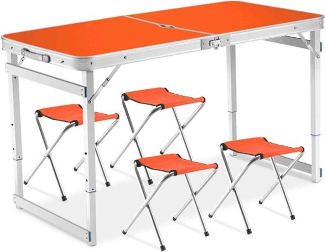 折りたたみ式ポータブルキャンプテーブルセット、椅子4脚、高さ調節