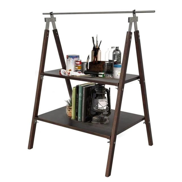 アウトドア三角シェルフ ガーデニング 棚 無垢材ハンガー 組み立て簡単 耐荷重30KG ランタン スタンド 庭 収納棚 キャンプ BBQ 収納袋付き zm220624-2