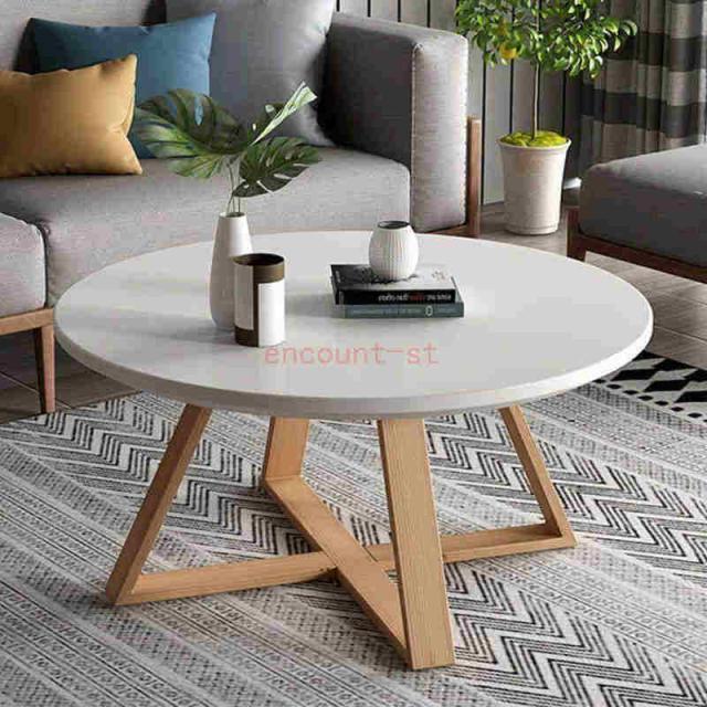 ローテーブル 丸 ホワイトのリビングルーム用ラウンドコーヒーテーブル、厚みのある木製の脚を備えたモダンでミニマ