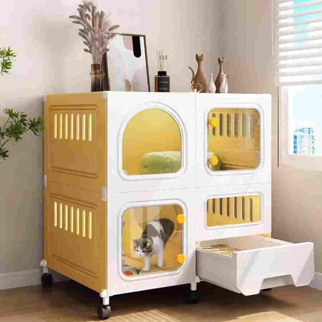底部にユニバーサルホイール付きの屋内猫用ヴィラ、高精細透明猫用ケージ、トイレ、猫用フェンス付き、移動が簡単、猫、ウサギ、小動物などに適しています