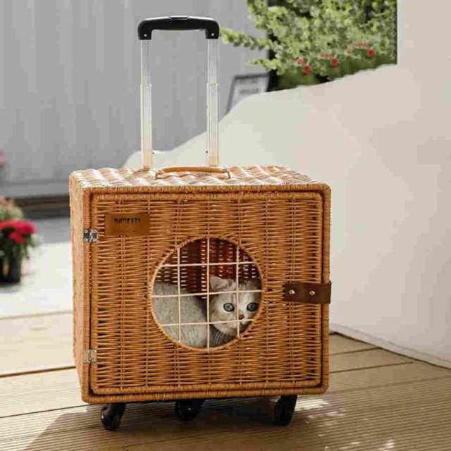 猫 ペットキャリー 籐製ペットキャリー キャスター付き トロリーキャットバッグ 猫 キャリー 中?大型猫用?小型犬?うさぎ用 通気性 耐荷重12kg 2 in 1 旅行 車載