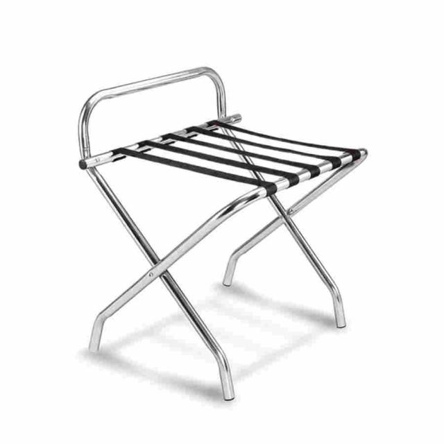 バゲージラック 荷物置き 現代的な折りたたみ式ラゲッジラック、ハイバックとブラックナイロンベルト付きのクローム＆メタルスーツケーススタンドスタンド、コン