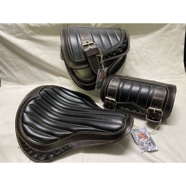 部品屋K&amp;W Lucky Custom Leather製 サドルバッグ&amp;シート&amp;ツールバッグセット タイプ1（ダークブラウン×ブラック） K&amp;W