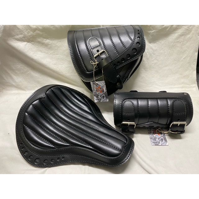 部品屋K&amp;W Lucky Custom Leather製 サドルバッグ&amp;シート&amp;ツールバッグセット タイプ2（ブラック×ブラック） K&amp;W