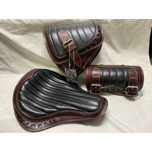 部品屋K&amp;W Lucky Custom Leather製 サドルバッグ&amp;シート&amp;ツールバッグセット タイプ3（ダークブラウン×ブラック） K&amp;W