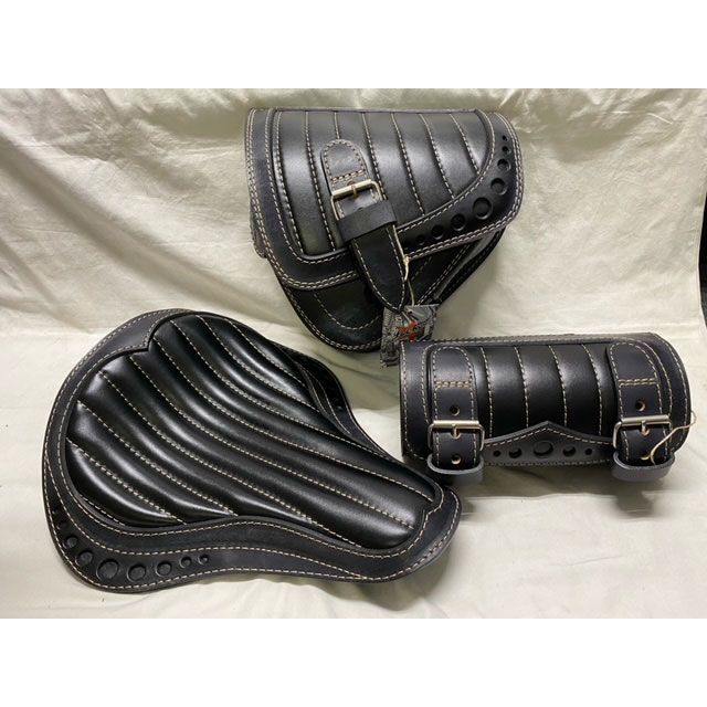 部品屋K&amp;W Lucky Custom Leather製 サドルバッグ&amp;シート&amp;ツールバッグセット タイプ4（ダメージブラック×ブラック） K&amp;W