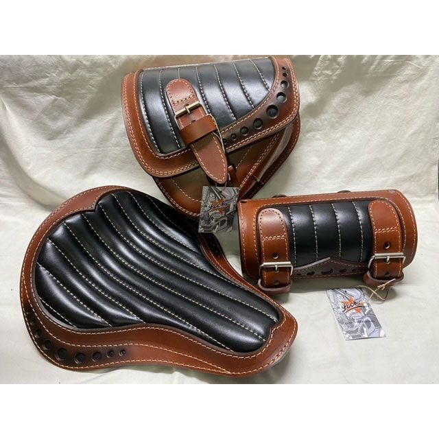 部品屋K&amp;W Lucky Custom Leather製 サドルバッグ&amp;シート&amp;ツールバッグセット タイプ5（ブラウン×ブラック） K&amp;W