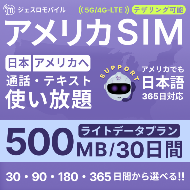 アメリカSIM 30日間ライトデータプラン 500MB高速データ通信 通話し 