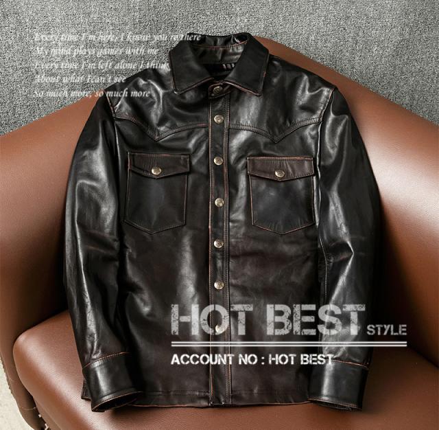 上質　メンズ　レザー　ジャケット ホースハイド　馬革　シャツスタイル　茶芯馬革  ヴィンテージ加工