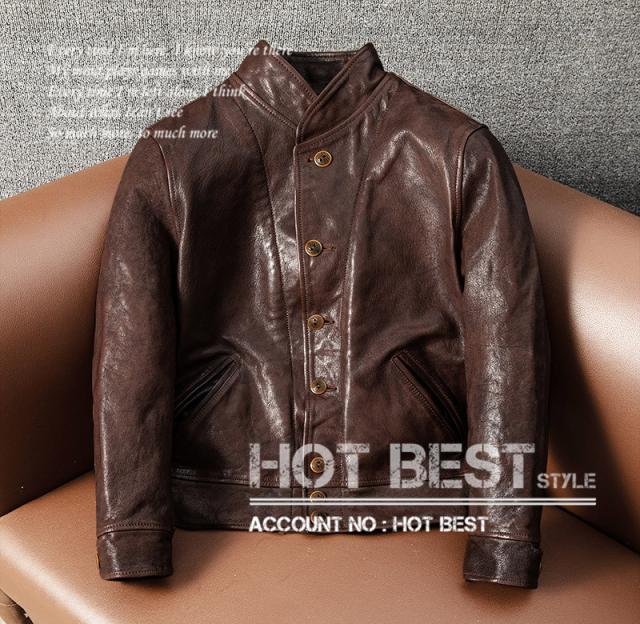 上質　メンズ　レザー　ジャケット 復刻30年代　A-1タイプ アインシュタイン コサックジャケット  タンニンなめし キルティング シングル　ライダース  山羊革