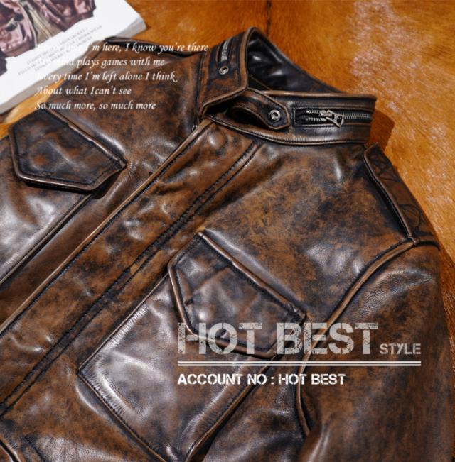 1.5mm茶芯カウハイド 復刻5年代スタイル M65 メンズ 革ジャン ウォッシュ加工 ヴィンテージ サファリジャケット イタリアンレザー 牛革_5