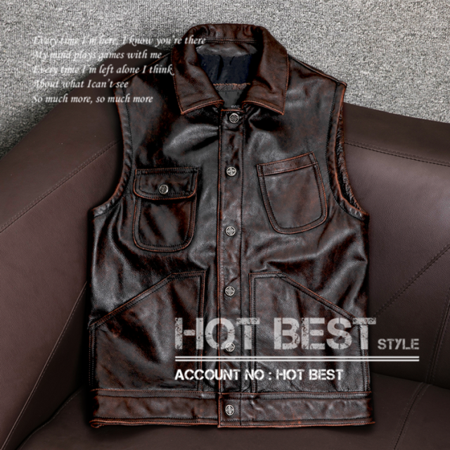 上質　メンズ　レザー　ジャケット　カウハイド　牛革 茶芯牛革　ベスト