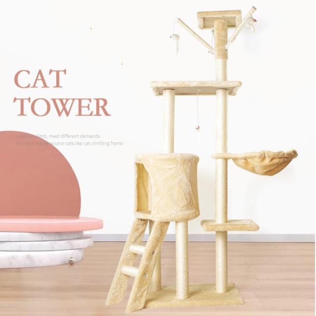 キャットタワー 据え置き 猫ハウス 組み立て式 運動不足解消 爪磨き ネコのおもちゃ キャットランド 隠れ家 ネコ用品 ストレス解消 室内飼い 階段 多頭_2