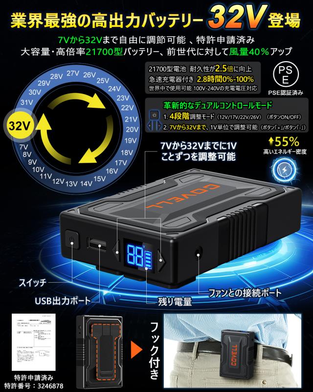 COVELL]【2025新商品・即日出荷】 空調服 最大32V 26段階調節 22000mAh