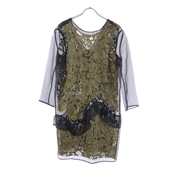エムエスジーエム イタリア製 シルク 長袖 シアー レース ワンピース 40 カーキ×黒 MSGM レディース