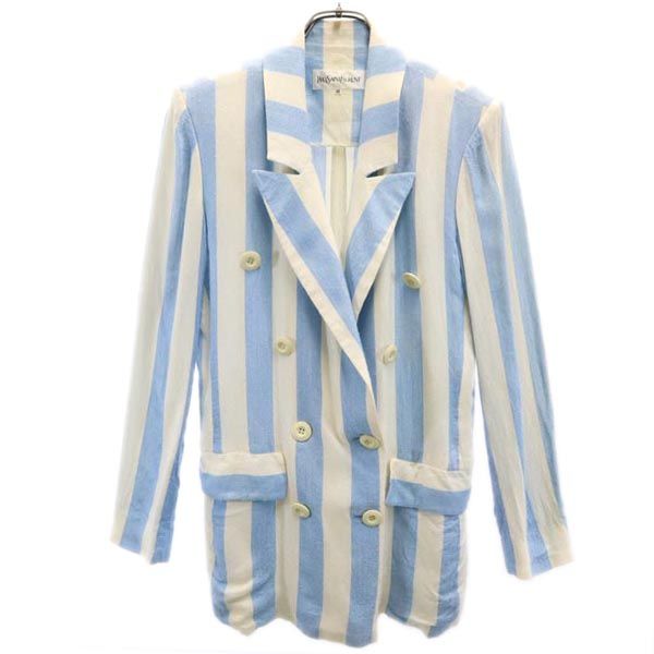 Yves Saint Laurent - イヴサンローラン 日本製 ストライプ柄 テーラードジャケット 38 ブルー×ホワイト YVES SAINT LAURENT レディース イヴサンローラン 日本製 ストライプ柄 テーラードジャケット 38