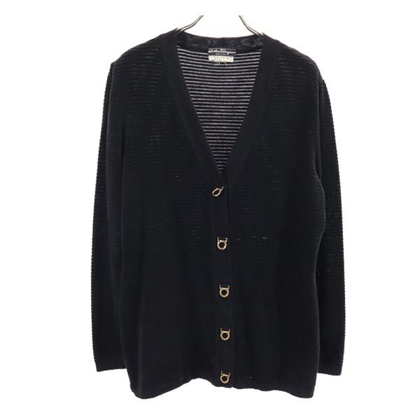 サルヴァトーレフェラガモ イタリア製 ウールブレンド ニット ボーダー柄 Vネック カーディガン M 黒 Salvatore Ferragamo レディース