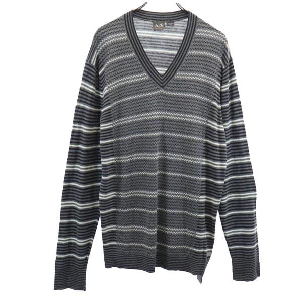 未使用 アルマーニエクスチェンジ ボーダー柄 長袖 Vネック ニット セーター XL グレー ARMANI EXCHANGE メンズ