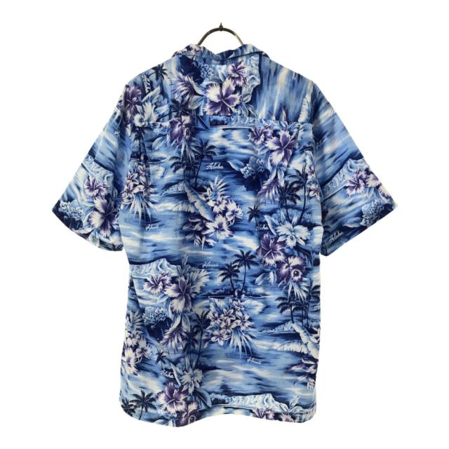 ホアロハ 80s ハワイ製 総柄 半袖 アロハシャツ M ブルー系 HOALOHA