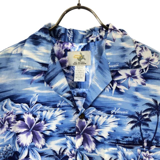 ホアロハ 80s ハワイ製 総柄 半袖 アロハシャツ M ブルー系 HOALOHA