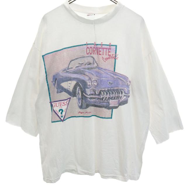 ゲス 90s USA製 プリント 5分袖 シングルステッチ Tシャツ L ホワイト系 Guess オールド ヴィンテージ メンズ