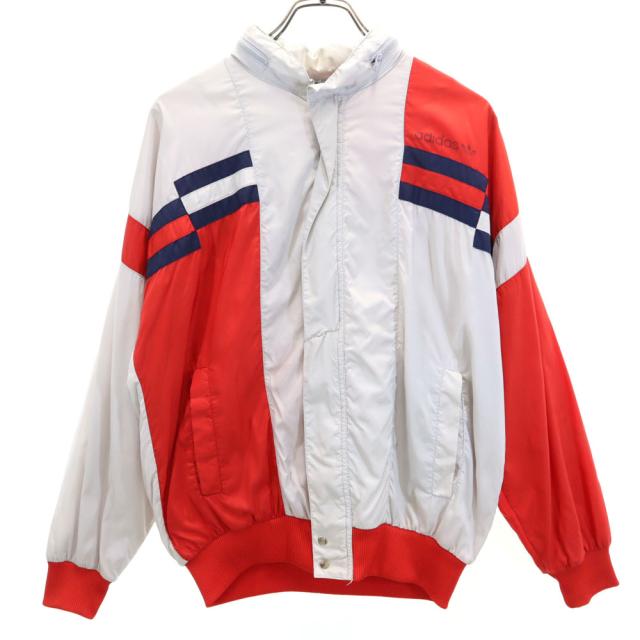 アディダス 80s ヴィンテージ 万国旗タグ トレフォイルロゴプリント ナイロンジャケット S グレー×レッド adidas 裏メッシュ メンズ