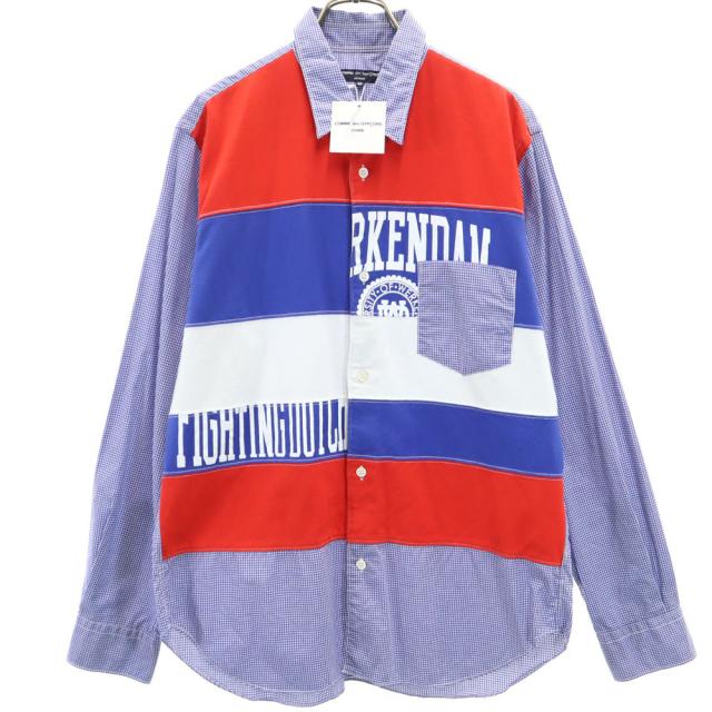 未使用 コムデギャルソンオム 2019年 日本製 チェック柄 長袖 切替 シャツ M ブルー 他 COMME des GARCONS HOMME メンズ