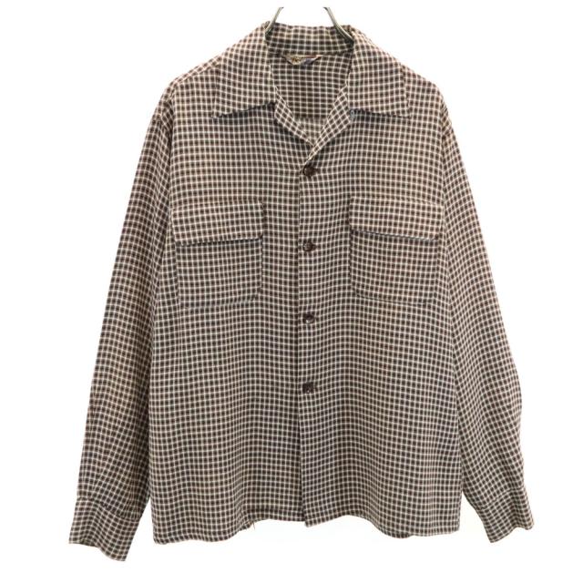 Berkshire 50s 60s 開襟 オープンカラー ヴィンテージ ボックスシルエット チェック柄 長袖 オープンカラーシャツ M ブラウン メンズ