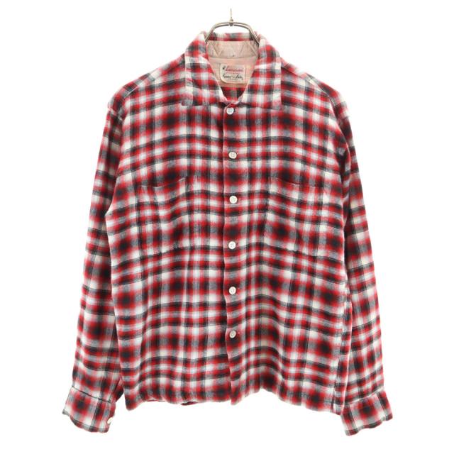 Game and Lake 50s 60s 開襟 オープンカラー ヴィンテージ ボックスシルエット オンブレ チェック柄 長袖 ネルシャツ 赤系 メンズ