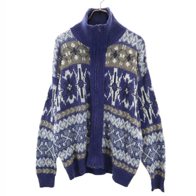 ロンドンフォグ 70s 80s USA製 ノルディック柄 ハイネック ニットジャケット L ネイビー 他 LONDON FOG オールド ヴィンテージ メンズ